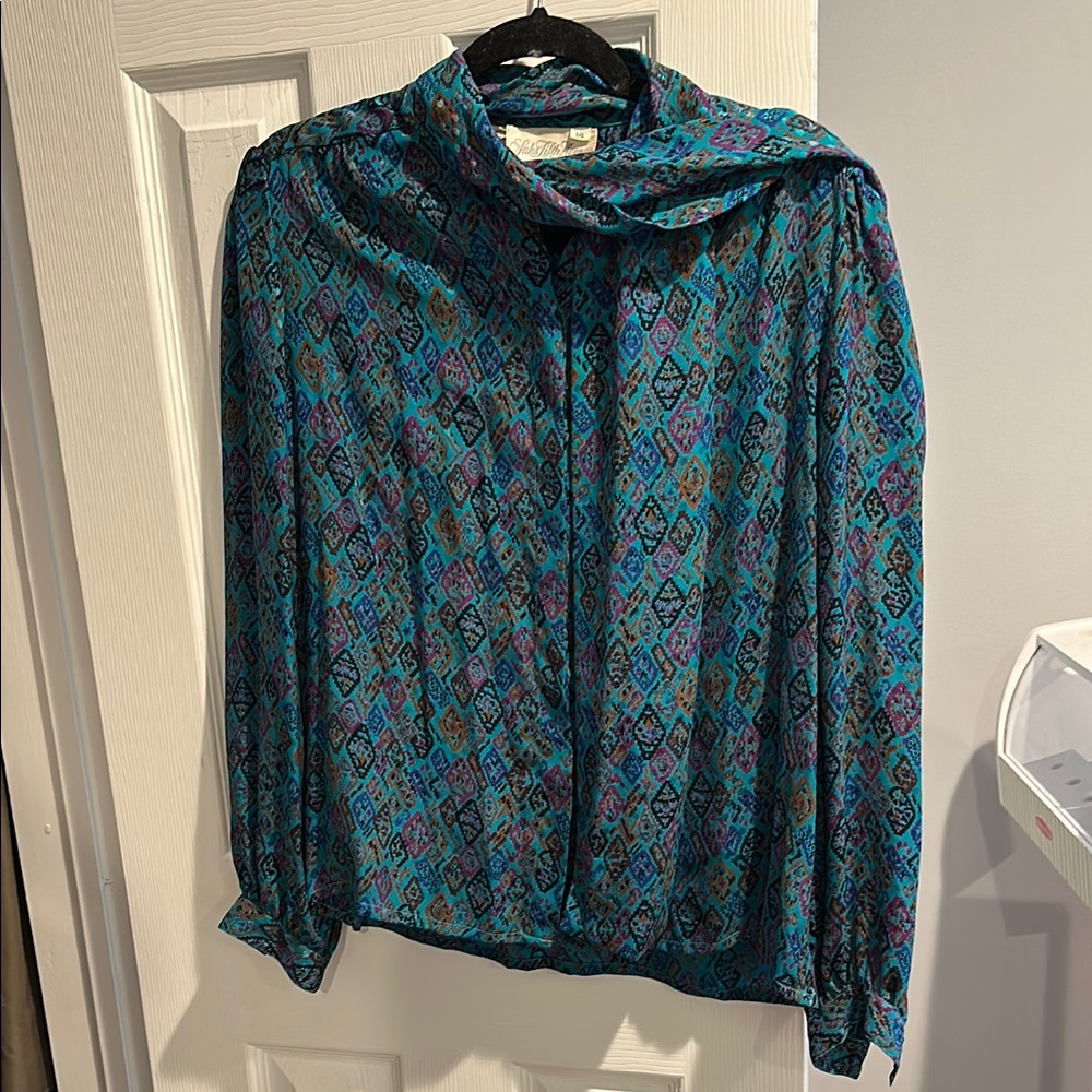 Saks Fifth Avenue Blue Graphic Sailor Collar Blouse 100% Silk, Robert Janan